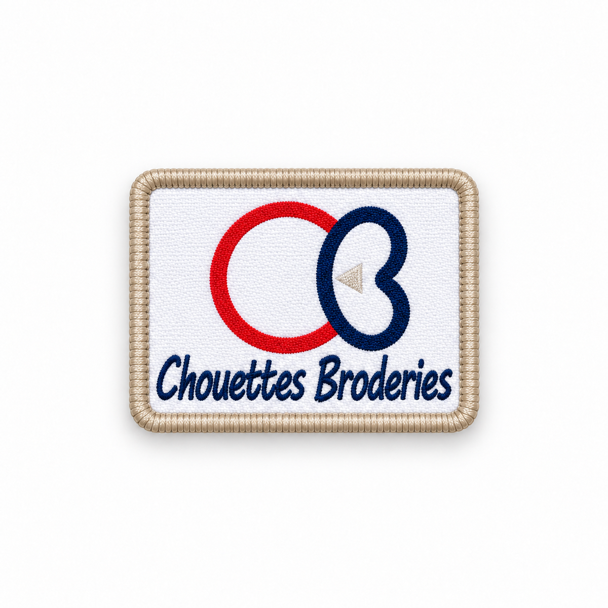 Écusson tissé personnalisé avec logo d’entreprise, forme rectangle et bordure bourdon beige