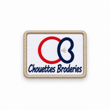 Écusson tissé personnalisé avec logo d’entreprise, forme rectangle et bordure bourdon beige
