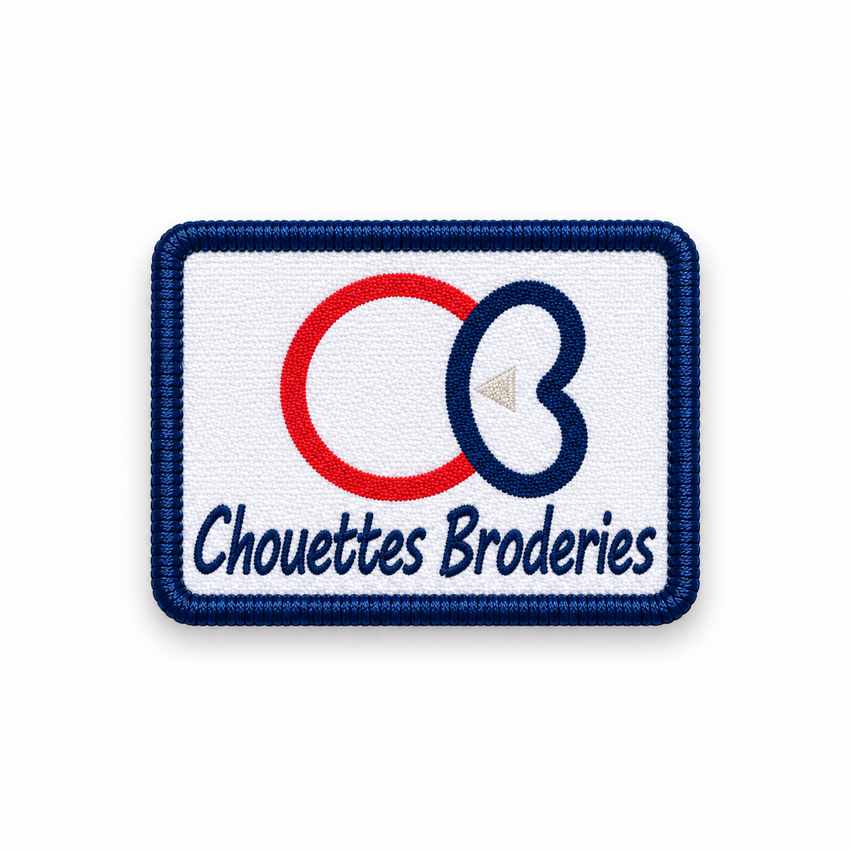 Écusson tissé personnalisé avec logo professionnel, format rectangle et finition bourdon bleu marine