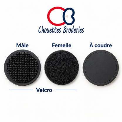Fixations pour écussons PVC personnalisés avec velcro mâle, velcro femelle et dos à coudre