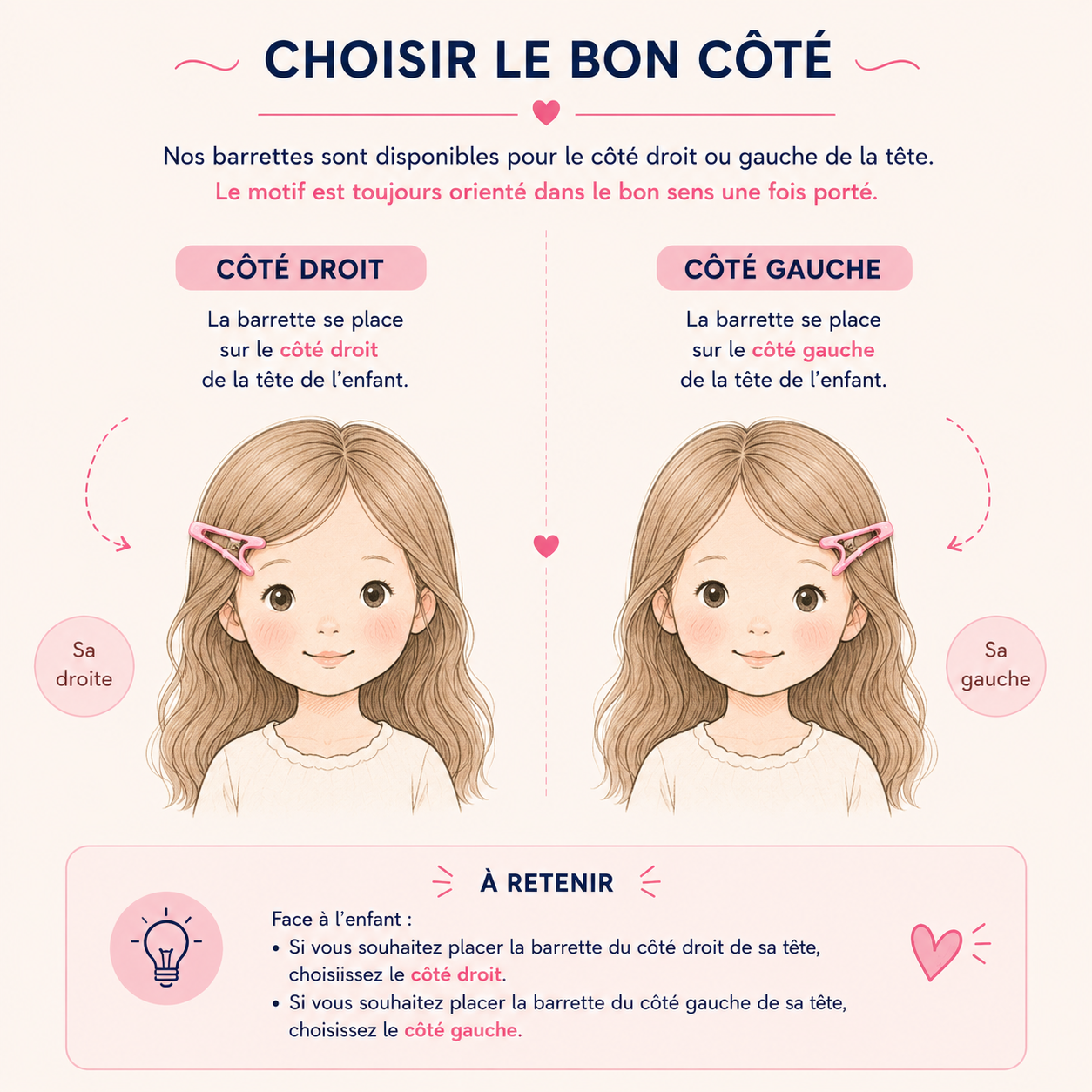 Guide choix côté droit ou gauche barrette enfant