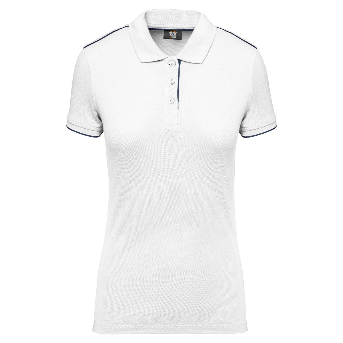 Polo femme blanc à personnaliser avec broderie - liseré bleu marine WK271