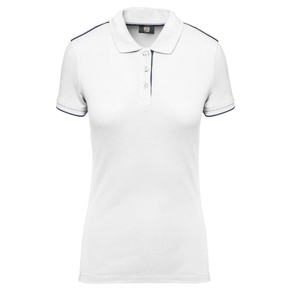 Polo femme blanc à personnaliser avec broderie - liseré bleu marine WK271