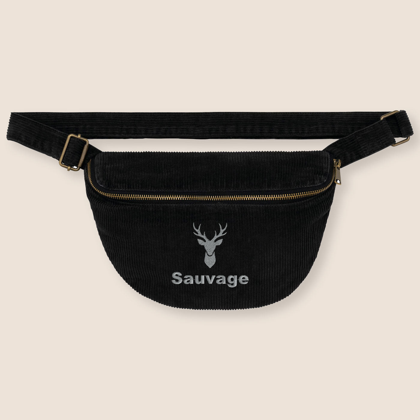 Sac banane noire en velours côtelé brodé avec motif cerf et mot personnalisable, idée cadeau femme.