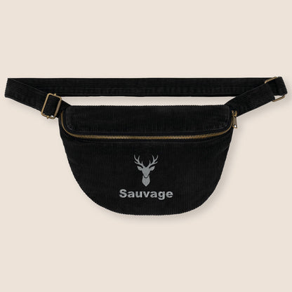 Sac banane noire en velours côtelé brodé avec motif cerf et mot personnalisable, idée cadeau femme.