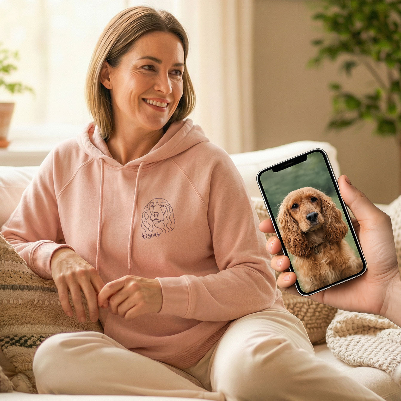 Sweat a capuche rose broderie personnalisee portrait chien d apres photo porte par une femme