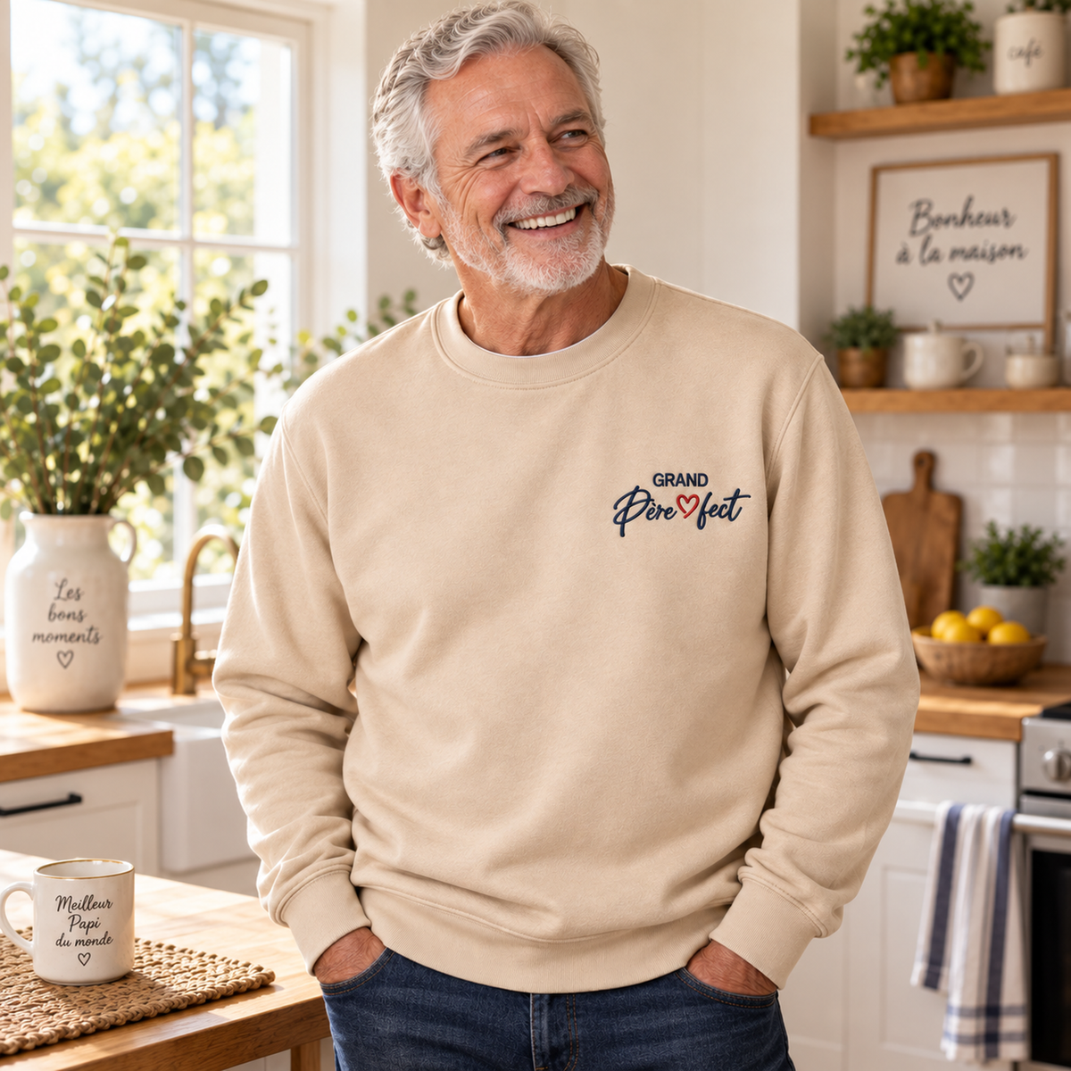 Sweat brodé personnalisé Grand-Père Perfect beige, cadeau original pour la fête des grands-pères