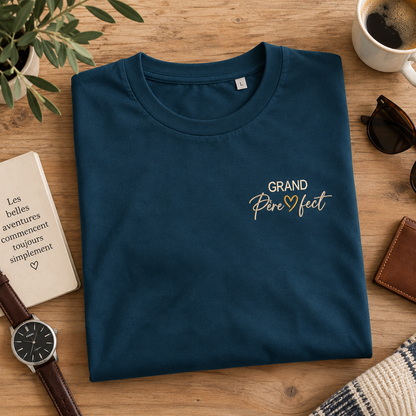 T-shirt bleu paon plié avec broderie Grand-Père Perfect, cadeau personnalisé pour grand-père