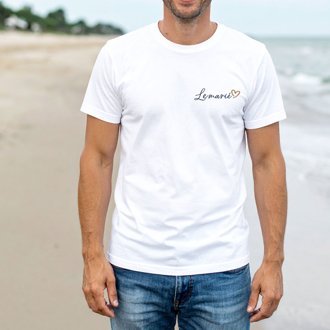T-shirt blanc homme brodé "Le marié" avec cœur, cadeau personnalisé mariage